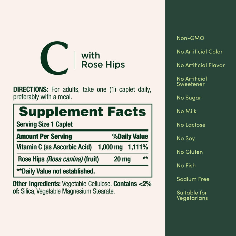 Nature's Bounty Vitamin C + Rose Hips, Vegetarian Caplets, 100 Count 100 Count (Pack of 1)