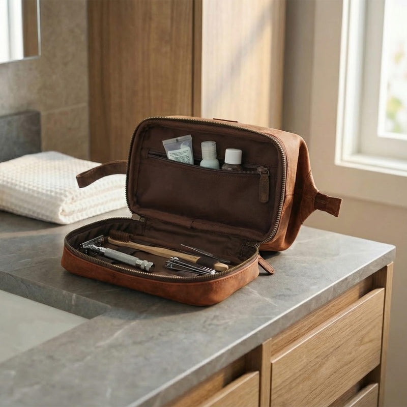 LEATHER VILLAGE Leather Toiletry Bag for Men, Travel Dopp Kit Shaving Bag | Full grain buffalo leather, two zip compartments, 9.6x5.5x5.1 in, YKK zippers, water-resistant lining, shaving kit- Tan Sun Tan