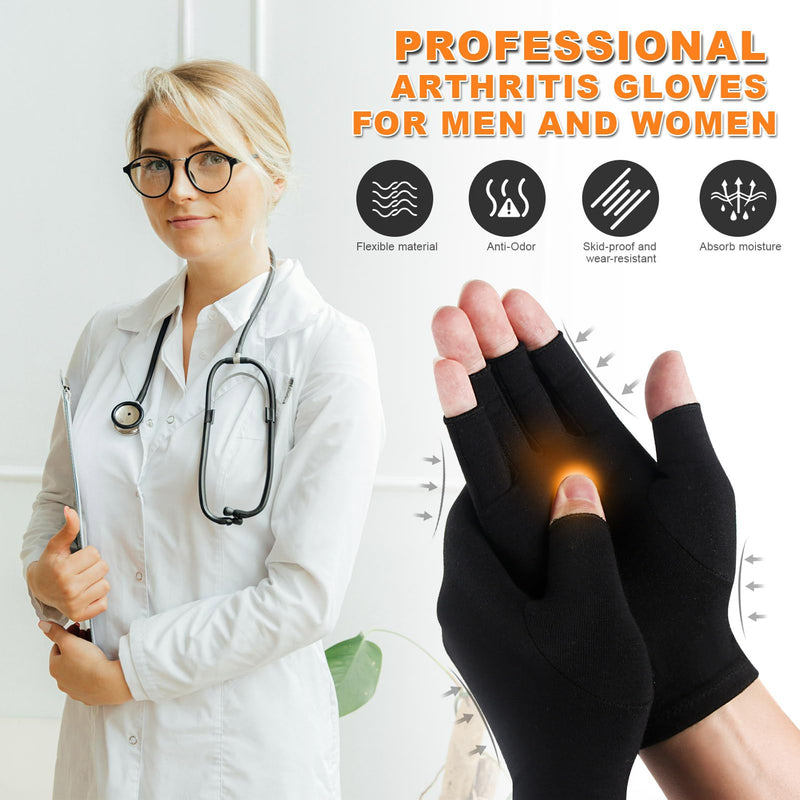 [Australia] - 2 Pairs Arthritis Gloves for Women and Men, Pain Relief Compression Gloves Women,Fingerless Breathable Design Black+grey L(3.5-4.3Inch) 
