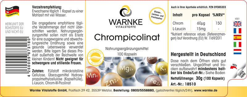 [Australia] - Chromium picolinate - with 60µg chromium per capsule - 100 capsules - essential trace element - vegan - Chromium Picolinate | Warnke vital substances - German pharmacy quality 