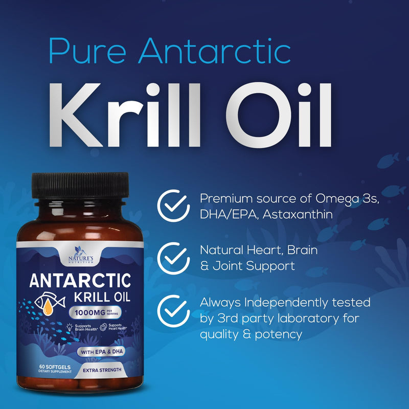 [Australia] - Krill Oil Omega 3 Supplement 1000 mg - Antarctic Krill Oil with Omega-3 EPA, DHA with Astaxanthin Sourced from Red Krill, Brain Health & Immune Support with Phospholipids - 30 Servings, 60 Softgels 60 Count (Pack of 1) 