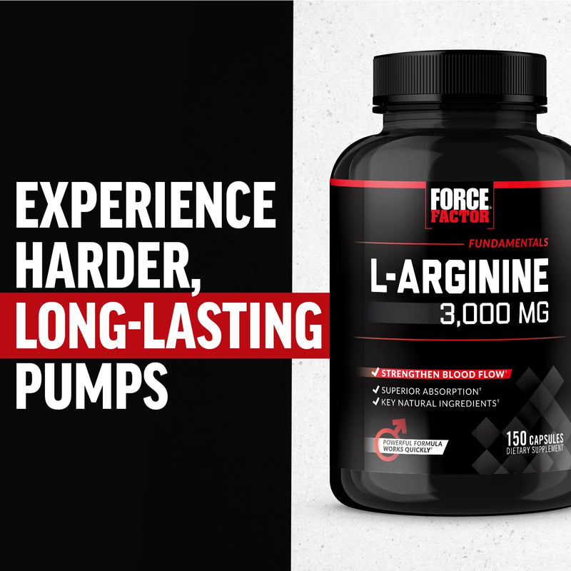[Australia] - FORCE FACTOR L-Arginine Nitric Oxide Supplement with BioPerine to Help Build Muscle and Support Stronger Blood Flow, Circulation, Nutrient Delivery, and Pumps, L-Arginine 3000mg, 3g, 150 Capsules 150 Count (Pack of 1) 