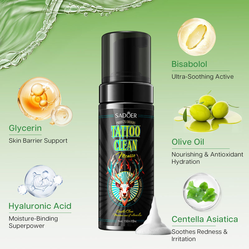 [Australia] - Tattoo Aftercare Foam 150ml – Green Soap Tattoo Wash with Olive Oil & Centella, Gentle Cleanser for Piercing & Permanent Makeup 