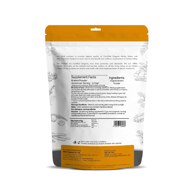 [Australia] - Just Jaivik 100% Organic Brahmi Powder Bacopa Monnieri- USDA Certified Organic, 227 GMS / 1/2 LB Pound / 08 Oz 