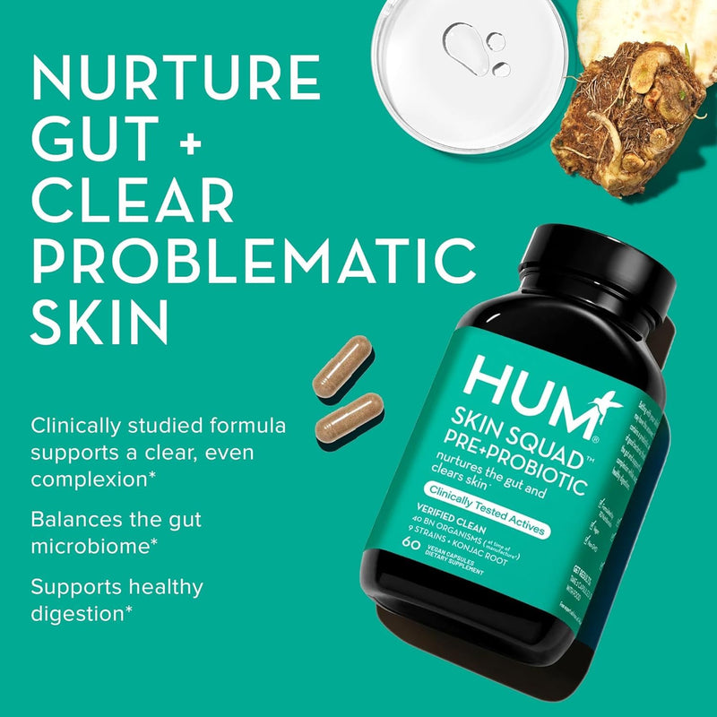 [Australia] - HUM Skin Squad - Probiotic Supplement for Clear Skin & Gut Health - Microbiome Probiotics for Problem Skin & Breakouts (60 Vegan Capsules, 30 Day Supply) 