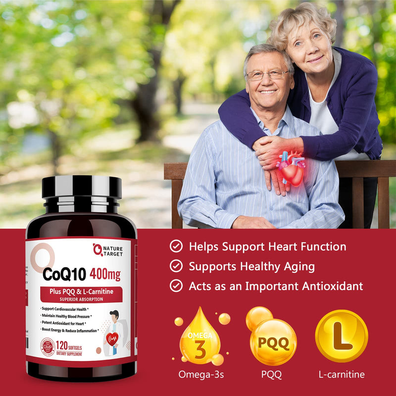 [Australia] - NATURE TARGET CoQ10-400mg with PQQ, Omega-3s & L-Carnitine, High Absorption Coenzyme-Q10 with BioPerine, Supports Heart, Brain, Immune System, Energy Production, 120 Servings 