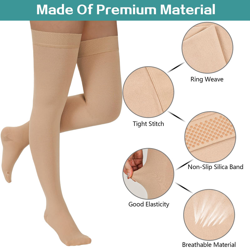 2 Pairs Compression Stockings for Women & Men, 20-30mmHg Thigh High Compression Socks, Medical Compression Socks with Silicone Dot Band--Best Support for Nursing Sports Varicose Veins Closed Toe--beige Large