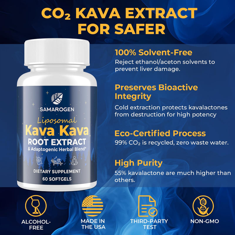 [Australia] - Kava Kava Capsules Root Extract Supplement Liposomal 55% Kavalactones with Ashwagandha Chamomile Lemon Balm Passionflower for Relax & Good Sleep (60 Softgels) 60 Count (Pack of 1) 