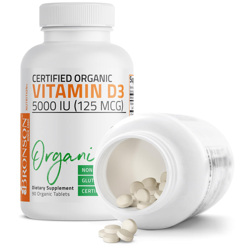 Bronson Vitamin D3 5,000 IU (125 mcg), USDA Certified Organic, 90 Tablets | Bone, Muscle, Immune & Nervous System Support, Non-GMO, Gluten-Free, Soy-Free, Wheat-Free & Nut-Free 90 Count (Pack of 1)