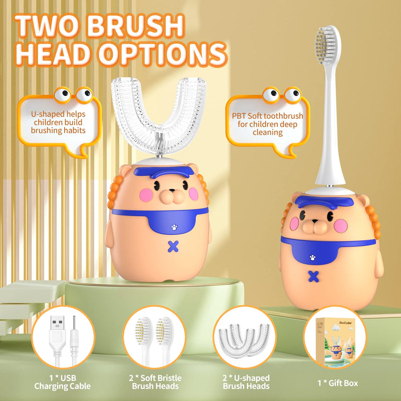 RexCodar Kids Electric Toothbrushes, U Shaped Ultrasonic Toothbrush, Rechargeable Full Mouth Kids Toothbrush with 4 Brush Heads, IPX7 Waterproof, Five Smart Modes, 60S Smart Reminder(Ages 2-6) Brown 2-6 Age