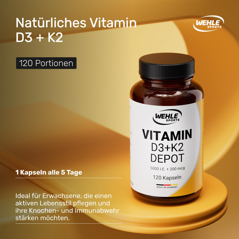 [Australia] - Vitamin D3 K2 Depot 120 capsules high dose 5,000 IU vitamin D3 + 200 µg vitamin K2 MK7 All Trans - Wehle Sports - without additives, made in Germany. 