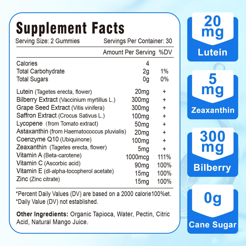 20mg Lutein & Zeaxanthin Gummies with Bilberry, Astaxanthin, Omega 3, Vitamin C, E - Sugar Free Eye Health Supplement for Adults & Kids - Dry Eye Relief, Vision Clarity, Macular Support Mango 60 Count (Pack of 2)