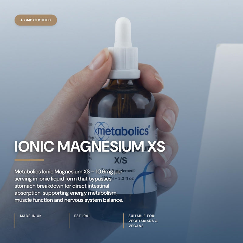 Metabolics Ionic Magnesium XS Liquid 10.6mg Chloride Form Low Dose — UK Made GMP Certified — Magnesium Contributes to Normal Muscle Function — Vegan Drops — 100ml 100 ml (Pack of 1)