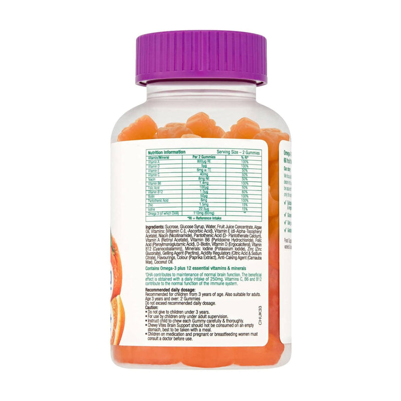 Chewy Vites Kids Brain Support, 60 Kids Vitamins Gummies, Vegan Omega 3 DHA, 13 Essential Vitamins & Minerals, 1 Months Supply, Real Fruit Juice, Age 3 +, Orange Flavour 60 count (Pack of 1)