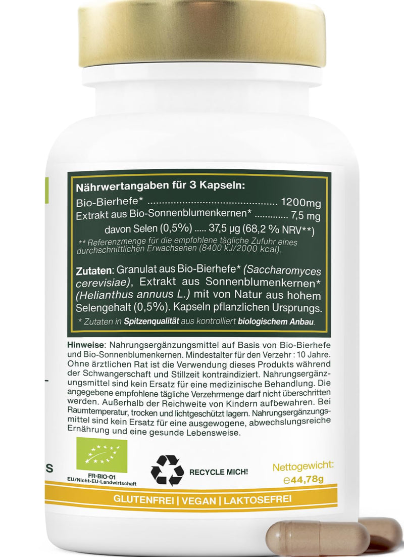 [Australia] - ORGANIC brewer's yeast | Hair and nails | Live yeast, 1200mg / day, gluten free | Enriched with Selenium | 90 vegan capsules | Top quality 