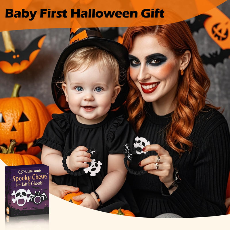 [Australia] - Halloween Baby Teething Ring Toys ‚Äì Skull & Bat Silicone Teethers for Newborns, Infants & Toddlers ‚Äì Sensory Chew Bracelet for Teething Relief ‚Äì Perfect Baby‚Äôs First Halloween Basket Stuffers 