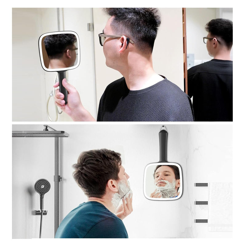 Famihomii Hand Mirror with 30X Magnifying Detachable Mirror, Lighted Handheld Mirror, Lightweight & Durable, Portable & Hangable for Makeup, Hair Styling, Shaving, Battery Operated Black+30x