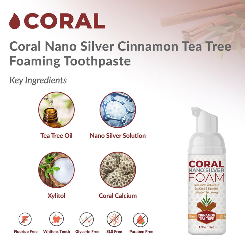 Coral Nano Silver Foaming Cinamon Tea Tree Toothpaste, Natural Fluoride Free Toothpaste, SLS and Glycerin Free - 4 Ounce Cinnamon Tea Tree 4.2 Ounce (Pack of 1)