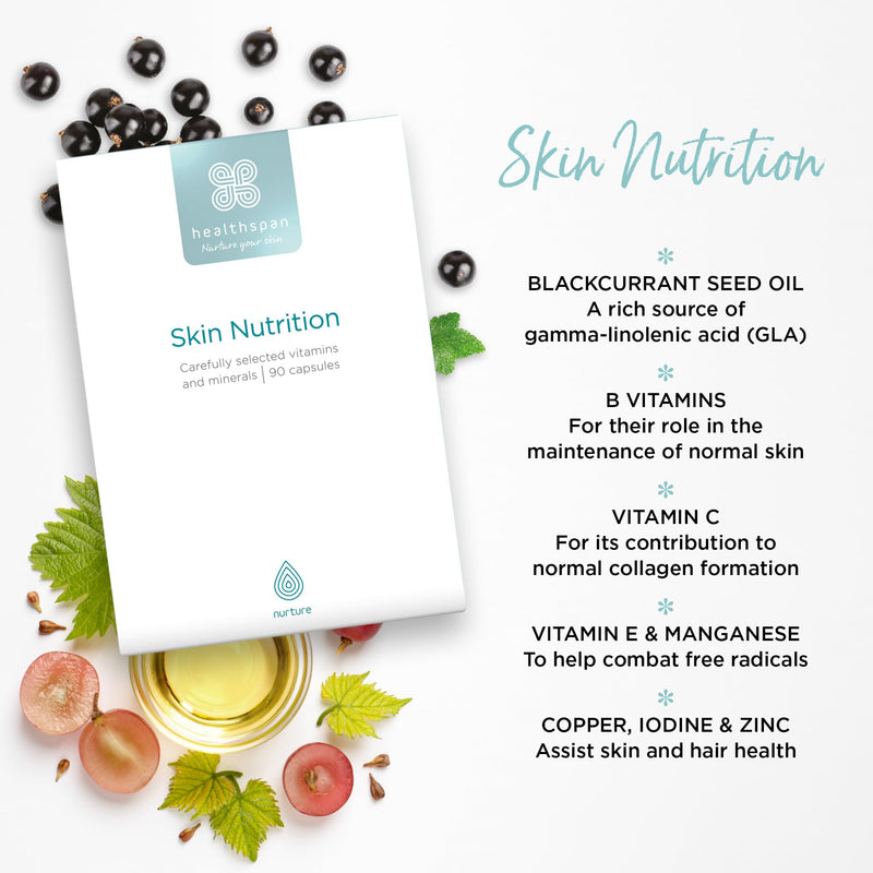 Healthspan Skin Nutrition (45 Days Supply) | Essential Nutritional Support for Healthy, Beautiful Skin Everyday | Added Vitamins & Minerals | Includes Blackcurrant Seed Oil, Grapeseed Oil & Omega 3