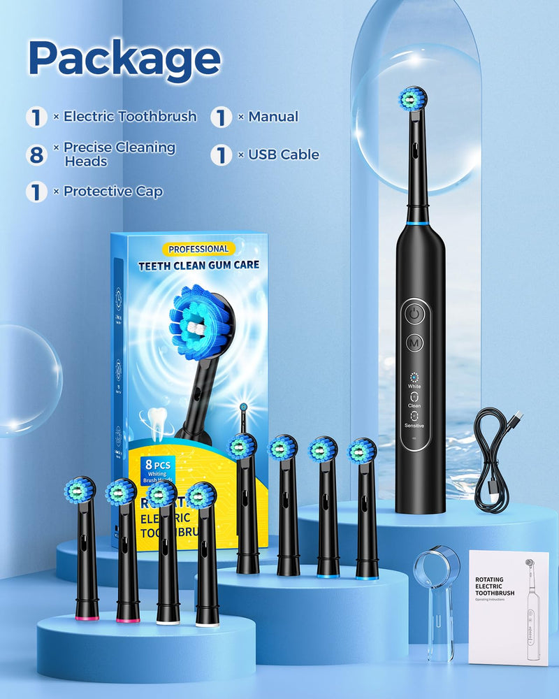 TEETHEORY Rotating Electric Toothbrush for Adults with 8 Brush Heads, Sensitive Gum Care Electric Toothbrush with 3 Modes and 2 Min Smart Timer, Rechargeable Last 60 Days Black 1 Count (Pack of 1)