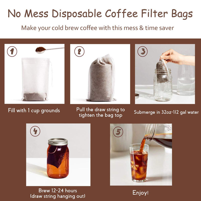 [Australia] - No Mess Cold Brew Coffee Filters - 100 Count Disposable Fine Mesh Brewing Bags for Concentrate/Iced Coffee Maker, French/Cold Press Kit, Hot Tea in Mason Jar or Pitcher, 4 x 6 Inches 100 Pack - 4" x 6" 