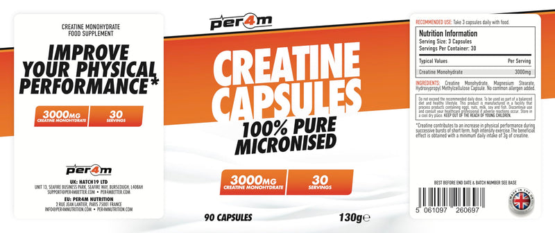 Per4m Creatine Powder | 100% Pure Micronised Creatine Monohydrate | 3000mg of Creatine | 30 Servings (90 Capsules, Unflavoured) 30 Servings (90 Capsules)