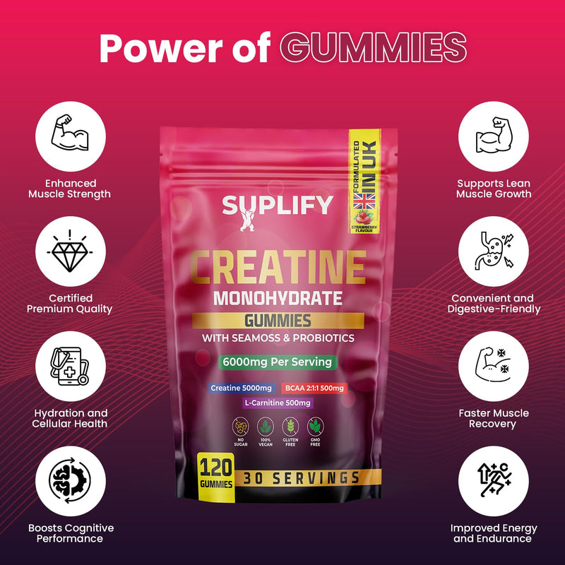 Creatine Monohydrate Gummies – 5000mg High-Potency | 120 Vegan Sugar-Free Gummies with BCAAs, L-Carnitine, Seamoss & Probiotics | 1 Month Supply | Pre-Workout Muscle Builder | Strawberry