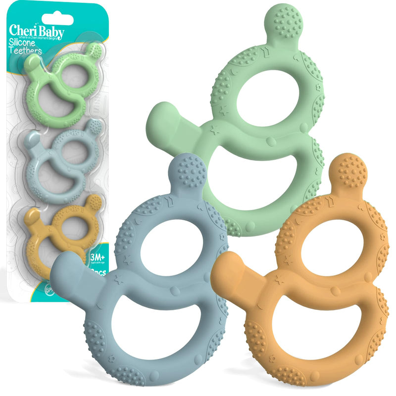 [Australia] - 3 Pack Baby Teething Toys for Babies 3-6 Months, Silicone Teething Ring Toys for Babies 6-12 Months, BPA Free Soft and Dual Textured Nipple Teether Relief Soothing Sore Gums Chew Infant Sensory Toys 
