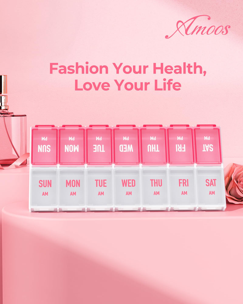 AMOOS Weekly Pill Organizer 2 Times a Day, Large Compartments, BPA-Free | AM PM Pill Box 7 Day in Pink & White, Pill Case Easy to Use, Pill Container for Vitamins, Fish Oils, Supplements, Medicines 01-pink