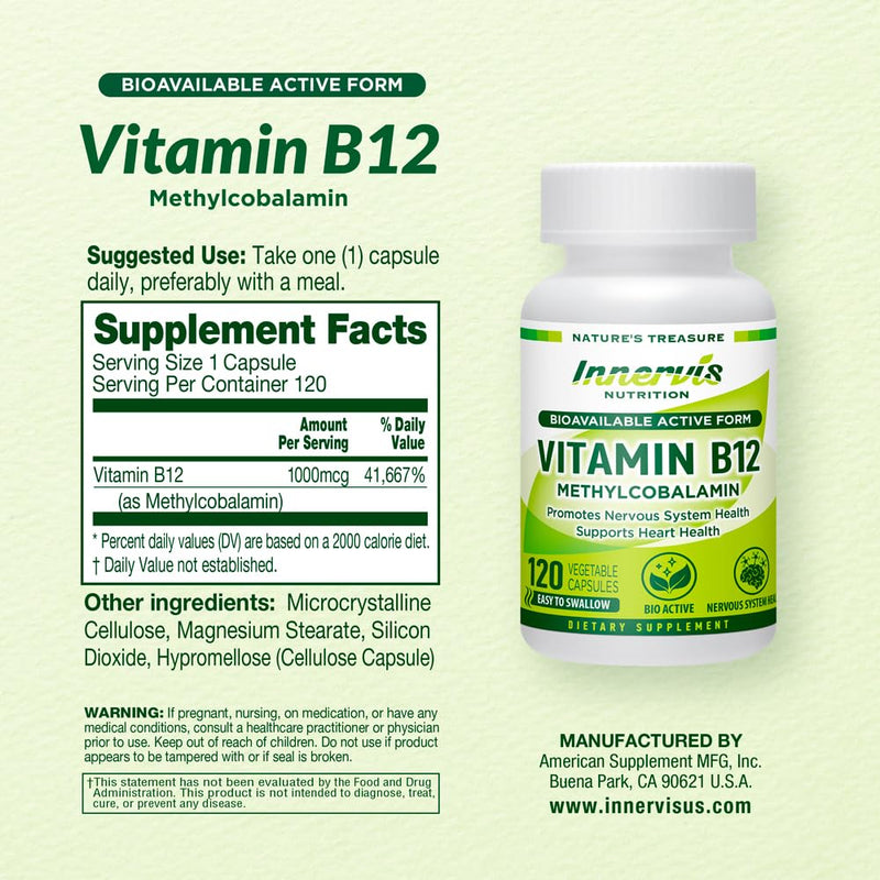Methyl B12 1000mcg (120 Caps) High Absorption Methylcobalamin for Sustained Energy, Nerve & Heart Health* - Vegan Vitamin B12 by Innervis Nutrition