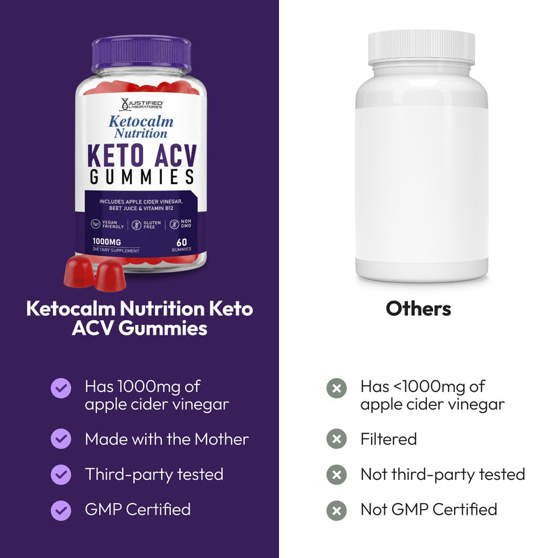 Justified Laboratories Ketocalm Nutrition Keto ACV Gummies (1000 mg) - 60 Count, Pack of 2 - Made with the Mother & Vitamin B12 - Non-GMO, Vegan, Gluten Free - 60 Servings 60 Count (Pack of 2)