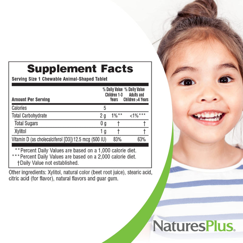 [Australia] - Natures Plus Animal Parade Sugar-Free Children's Vitamin D3-500 IU - Black Cherry Flavor - 90 Chewable Animal Shaped Tablets - Bone Health & Immune System Support - 90 Servings 