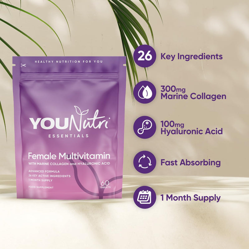 Women's Multivitamins & Minerals with Marine Collagen & Hyaluronic Acid. 26 Essential Vitamins, Minerals, & Botanicals – UK GMP Manufactured and Lab Tested - 60 Tablets (1 Month Supply)
