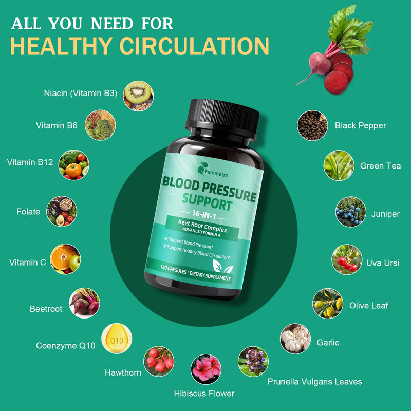 [Australia] - 16-in-1 Blood Pressure Supplements with 500mg Beetroot Powder - Nitric Oxide Supplement for Healthy Blood Circulation, Heart Healthy & Blood Pressure Support - 120 Vegan Capsules 