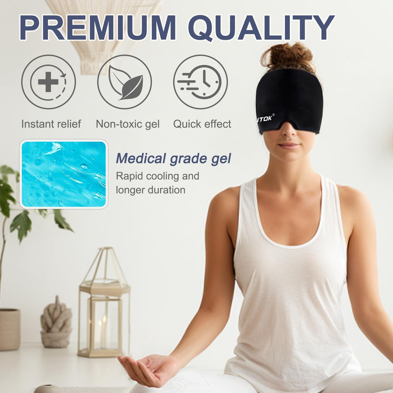 [Australia] - Migraine Headache Relief Cap, Gel Ice Head Wrap, Hot and Cold Therapy, Headache Eyes Mask for Sinus, Puffy Eyes, Tension and Stress Relief (Black) Black 
