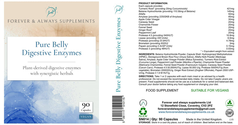 Pure Belly Digestive Enzymes, Plant Complex, High Strength Vegan Capsules, Gut Health and Bloating Support, with Turmeric, Peppermint, Apple Cider Vinegar Powder, Forever & Always Supplements