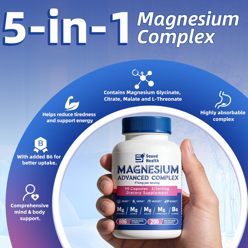 5 in 1 Magnesium Advanced Complex 976mg from Magnesium Glycinate, Citrate, Malate, L-Threonate & Vitamin B6, High Absorption Magnesium Complex for Women & Men, Non-GMO, 90 Vegan Capsules 90 Count (Pack of 1)