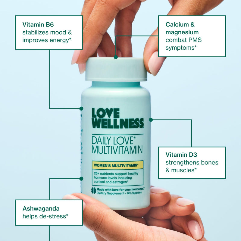 Love Wellness | Daily Love Multivitamin for Women | 30-Day Supply Capsules | Women's multivitamin, Contains Vitamin C, D, Iron, Calcium, Zinc, Biotin, Magnesium, 60 capsules, Easy to take