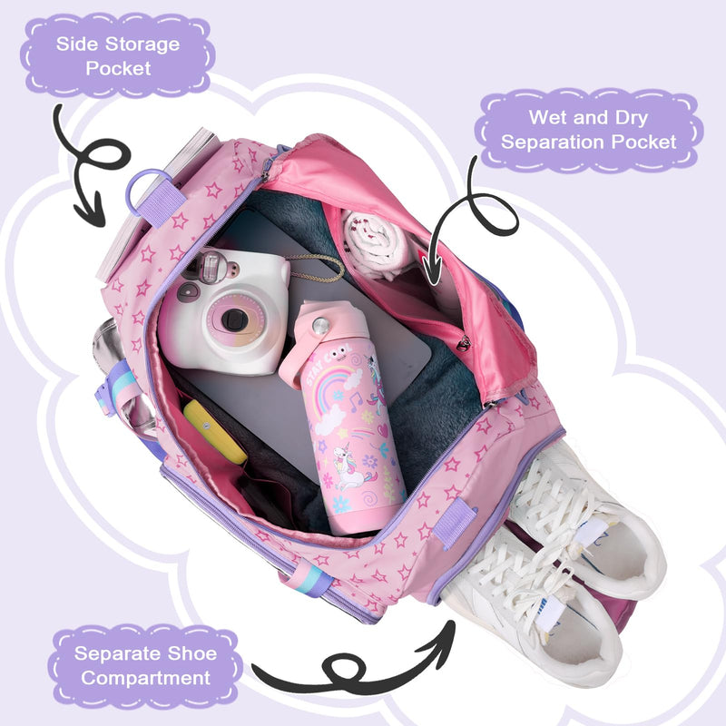 WOOMADA Travel Duffle Bag, Weekend Bag with Wet Pocket & Trolley Sleeve, Gym Dance Bag With Shoe Compartment(Star Pink) Star Pink
