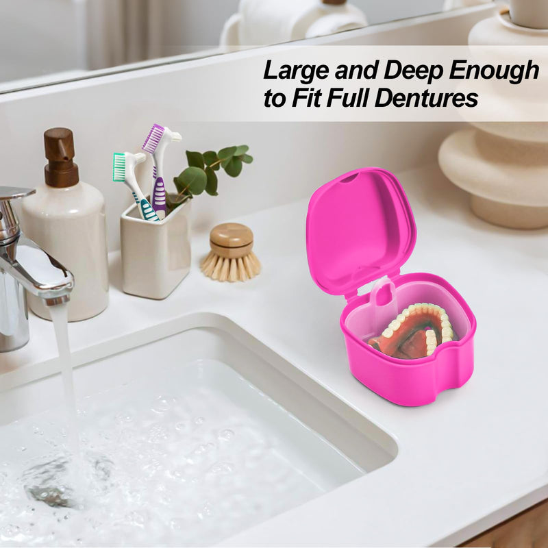 [Australia] - 2 Pack Colors Denture Bath Case Cup Retainer Cleaner Holder Case False Teeth Soaking Container Dental Bath Storage Box Case with Strainer Basket and Brush - Rose Red & Black 