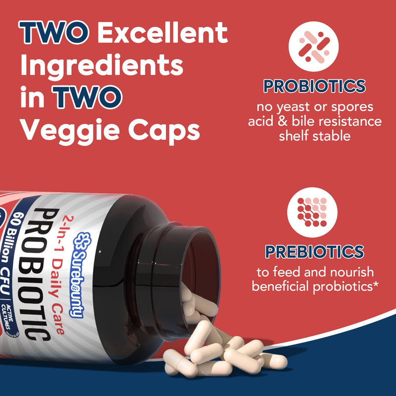 [Australia] - Probiotics 60 Billion CFU 19 Strains for Men & Women, with 100mg Prebiotic, Shelf Stable, 2-in-1 Daily Care Probiotic, Non-GMO, Digestive & Immune Health, 60 Veggie Capsules 60 Billion CFUs for Women and Men 60 Count 