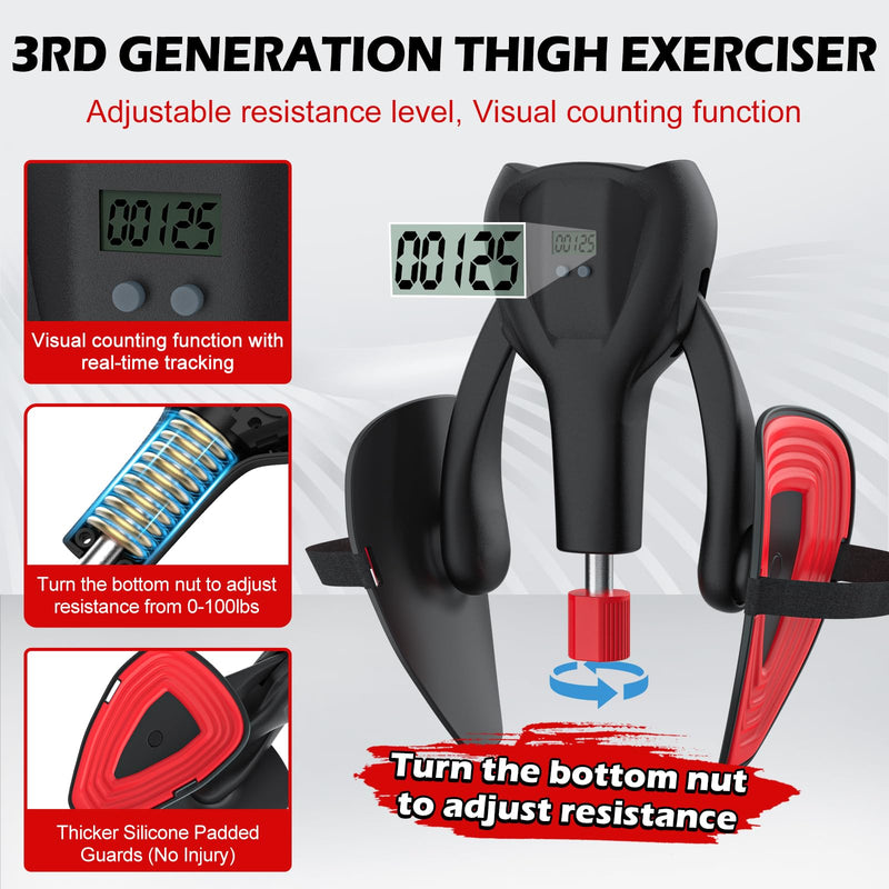 [Australia] - 3rd Gen Thigh-Master 0-100 lbs Adjustable Resistance Inner Thigh Exerciser Trainer Counter with Leg Straps Band Pelvic Floor Kegel Hip Exercise Workout Equipment Pilates Women Men Black 