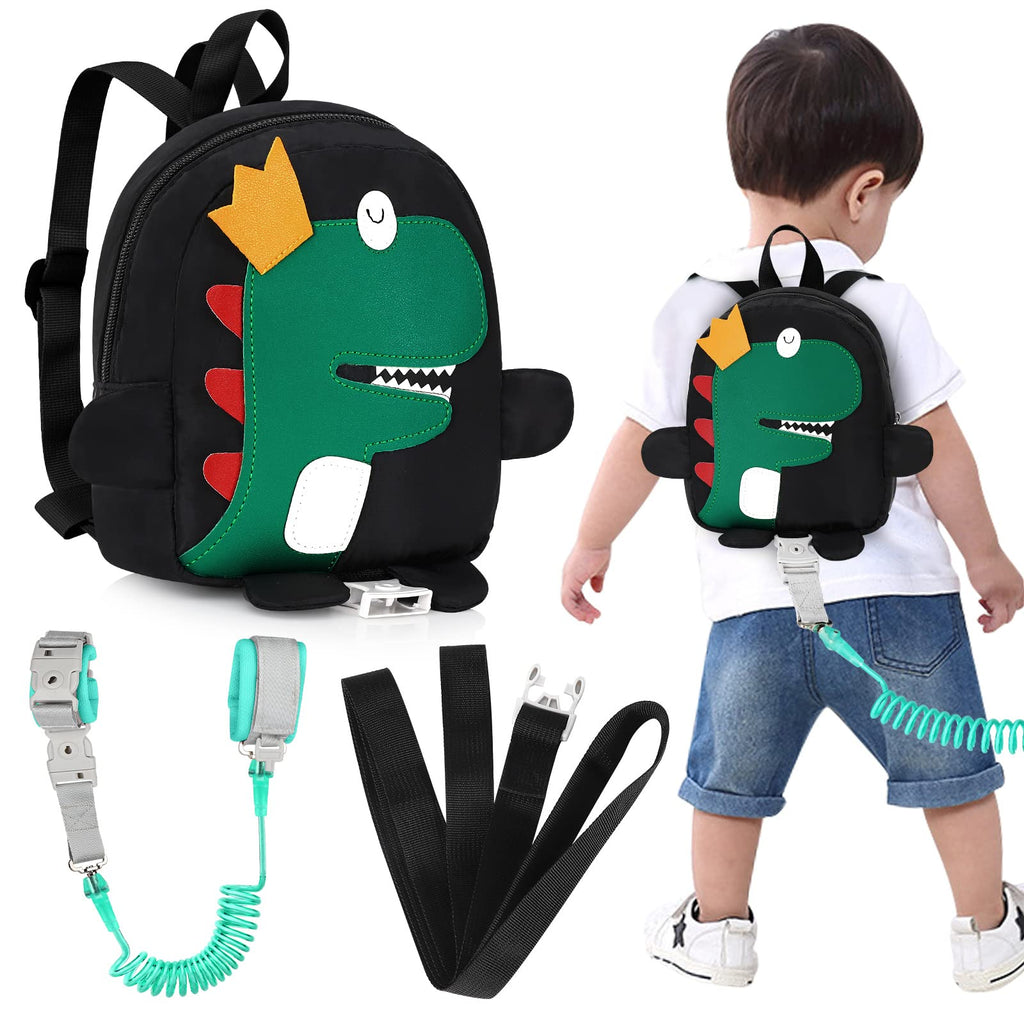 Accmor Toddler Harness Backpack Leash, 4 in 1 Kid Dinosaur Backpacks with Anti Lost Wrist Link, Mini Child Harnesses Leashes for Walking, Cute Baby Back Pack Rope Tether Rein for Boys Girls (Black) Black