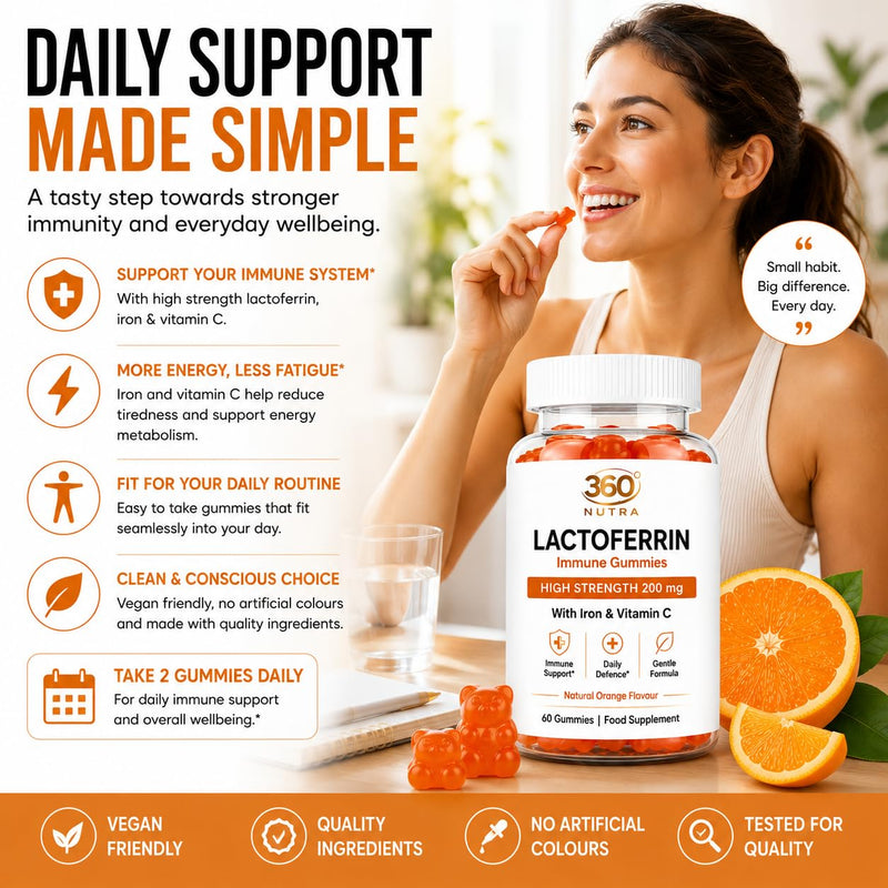 Lactoferrin Gummies 200mg – High Strength Chewable Lactoferrin – with Iron & Vitamin C – No Tablets – Orange Flavour – 60 Gummies (30 Day Supply) – Adults UK