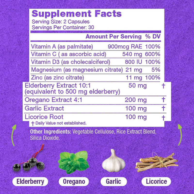 HybridEB Sambucus Elderberry Immune Support Supplement Made in USA, 60 Caps | Black elderberry, vitamin C, D, zinc, full spectrum blend for year-round immunity, pharmacist formulated, vegetarian
