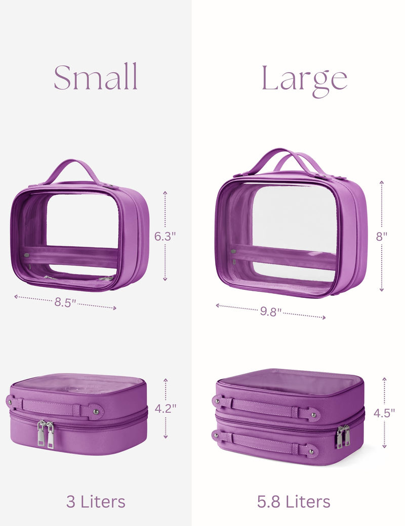 Clear Cosmetic Bag Double Layer Travel Toiletry Bag Clear Makeup Bag Case with 4 Compartments, Transparent Travel Bag for Toiletries, Large Toiletry Bag for Women Cosmetic Case (Purple, Large) Purple
