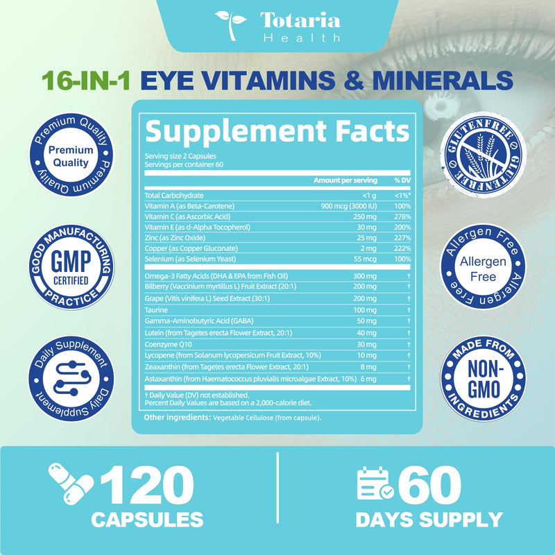 [Australia] - Eye Vitamins Lutein and Zeaxanthin for Adults, AREDS 2 Eye Vitamin and Mineral, Omega-3, Bilberry Extract - Carotenoid Blend, Support Eye Health, Strain, Comfort & Hydration (120 Capsules) 