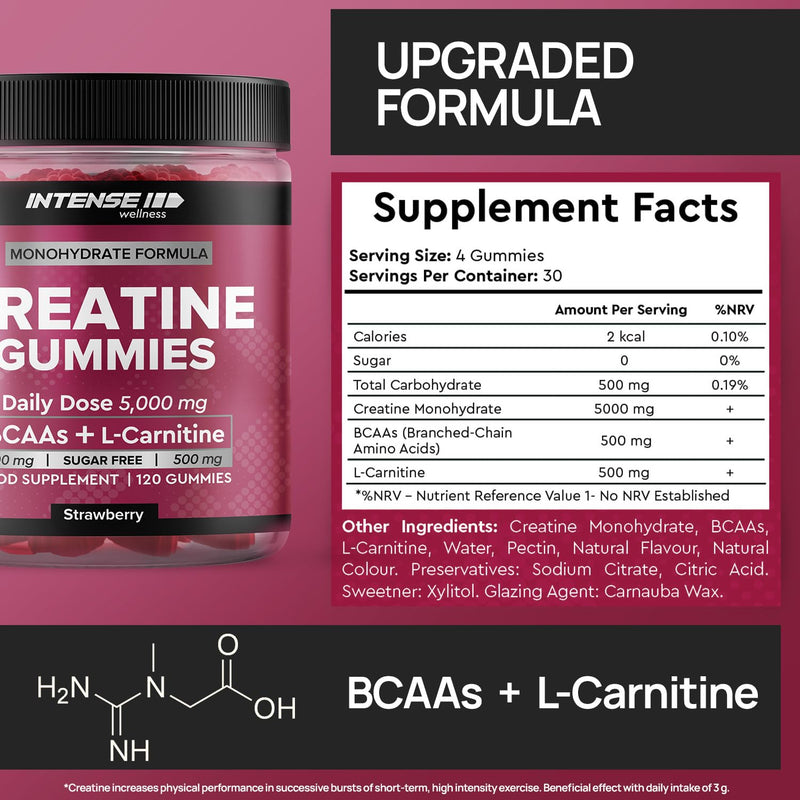 Creatine Monohydrate Gummies 5000mg - Sugar Free Vegan Pre Workout Chews - BCAAs 500mg, L-Carnitine 500mg - Gym Supplement for Men and Women, Strawberry, 120 Count 120 count (Pack of 1)