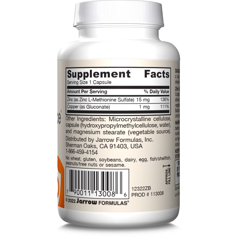 [Australia] - Jarrow Formulas Zinc Balance 15 mg - 100 Servings (Veggie Caps) - Includes Copper - Essential Mineral for Immune System Support - Immune Support Supplement - Gluten Free Zinc Copper Supplement - Vegan 
