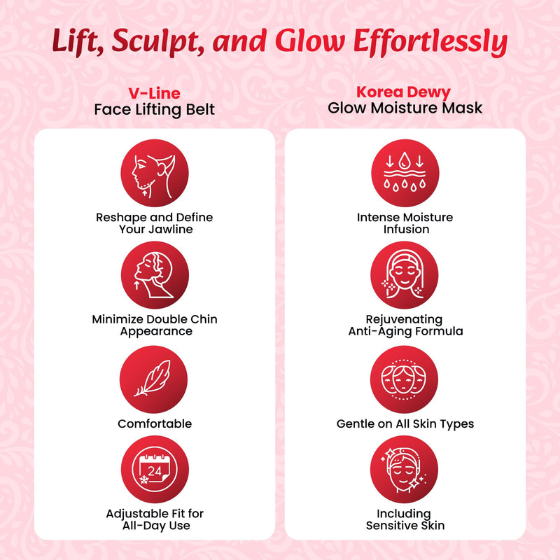 V Line Face Lifting Strap with 6 Korean Dewy Glow Masks – Reusable Chin Strap for Jawline Support, Face Slimming, Skin Care Tool for Women, Facial Firming Band, Beauty Mask Set